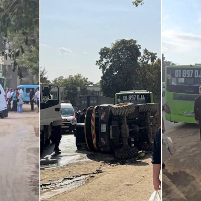 Toshkentda yer cho‘kib, avtobus tiqilib qoldi. Qutqaruv-maxsus texnika esa ag‘darilib tushdi
